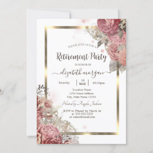 Roses Flowers Gold Frame Retirement  Invitation