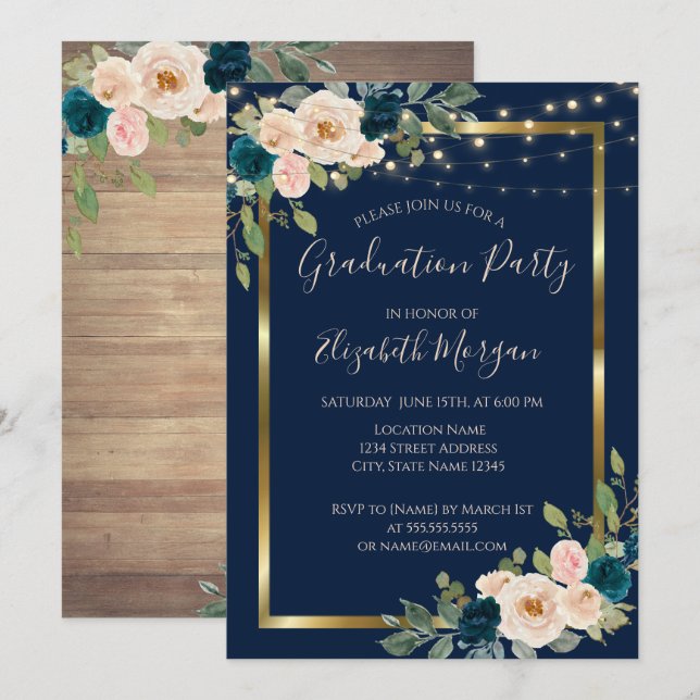 Roses Flowers Lights, Wood Graduation Party  Invitation (Front/Back)