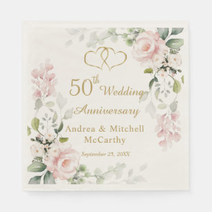 Roses Foliage Hearts 50th Wedding Anniversary Napkins