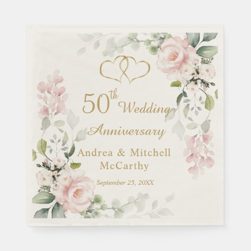 Roses Foliage Hearts 50th Wedding Anniversary  Napkins