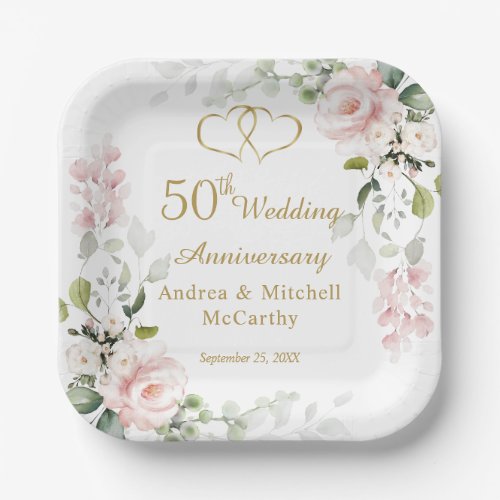 Roses Foliage Hearts 50th Wedding Anniversary  Paper Plates