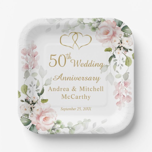 Roses Foliage Hearts 50th Wedding Anniversary  Paper Plates (Front)