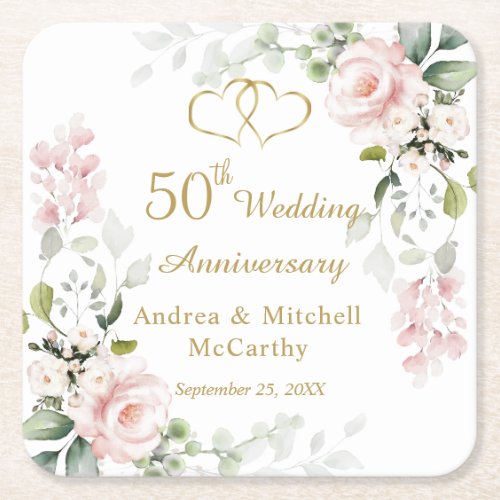 Roses Foliage Hearts 50th Wedding Anniversary Square Paper Coaster