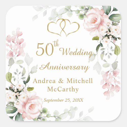 Roses Foliage Hearts 50th Wedding Anniversary  Square Sticker