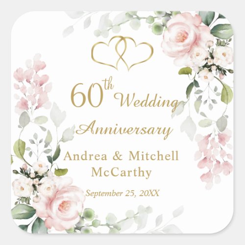 Roses Foliage Hearts 60th Wedding Anniversary  Square Sticker