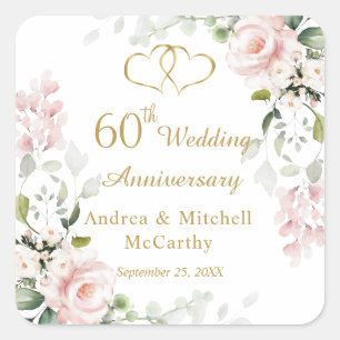 Roses Foliage Hearts 60th Wedding Anniversary Square Sticker