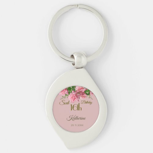 Roses Foliage on Silvery Pink Sweet 16th Birthday Keychain