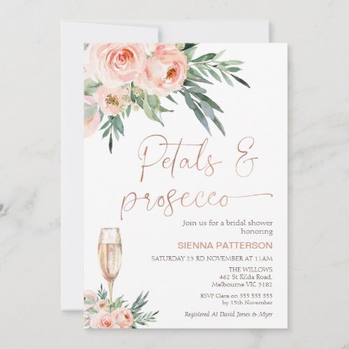 Roses Foliage Petals and Prosecco Bridal Shower Invitation