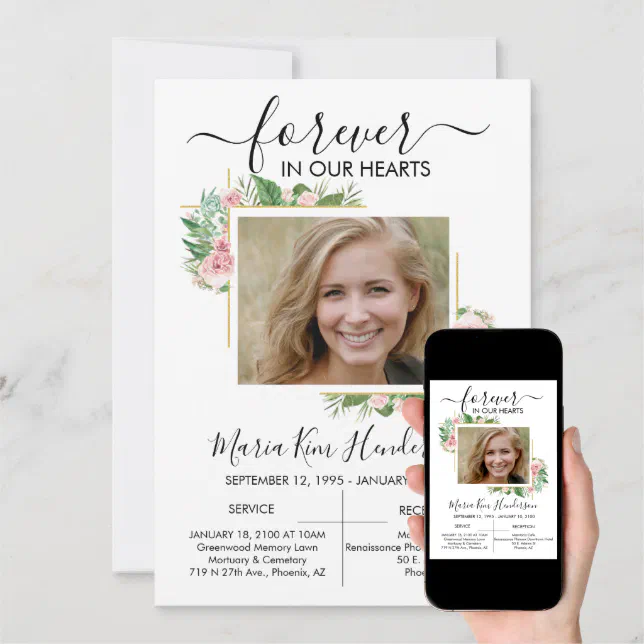 Roses forever in our hearts funeral memorial photo invitation zazzle