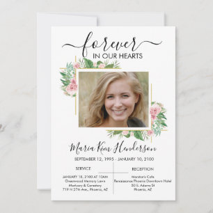 Roses Forever in Our Hearts Funeral Memorial Photo Invitation
