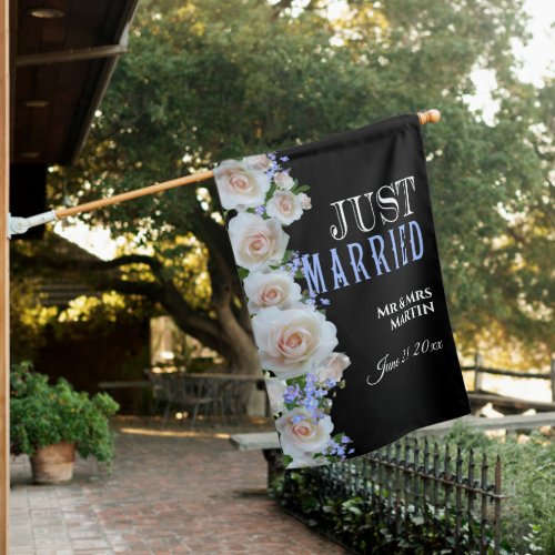 Roses  Forget Me Nots Just Married Date Wedding  House Flag