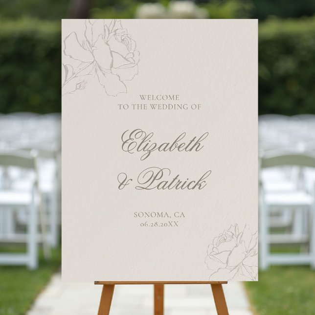 Roses Formal Modern Classic Ecru Wedding Welcome Foam Board (ethereal wedding theme ecru welcome sign formal traditional modern classic floral roses elevated)
