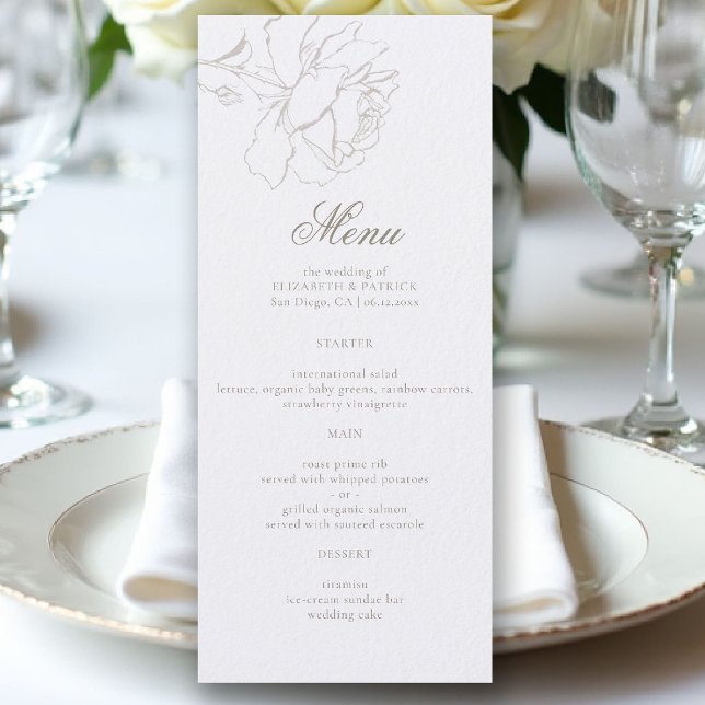 Roses Formal Modern Classic Pearl Elegant Wedding Menu (ethereal wedding theme white table menu formal traditional modern classic floral roses elevated)