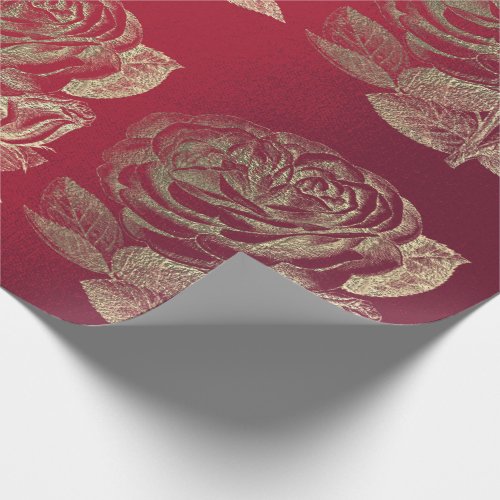 Roses Foxier Gold Pearly Metallic Floral Red Wine Wrapping Paper