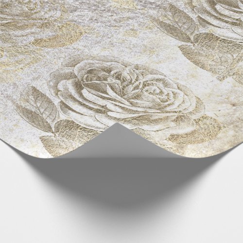 Roses Foxier Gold Pearly Metallic Floral White Wrapping Paper
