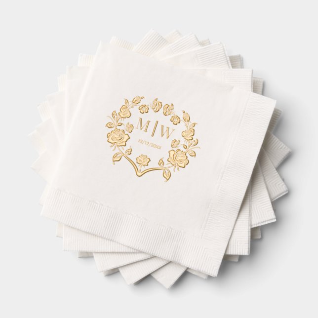 Roses Frame Bride Groom Wedding 2 Initial Monogram Foil Napkins (Insitu (Stacked))