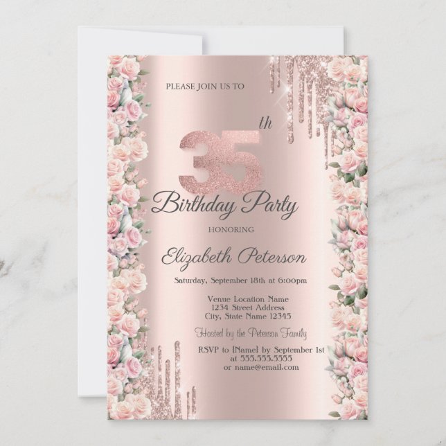 Roses Frame Drips Rose Gold 35th Birthday  Invitation (Front)