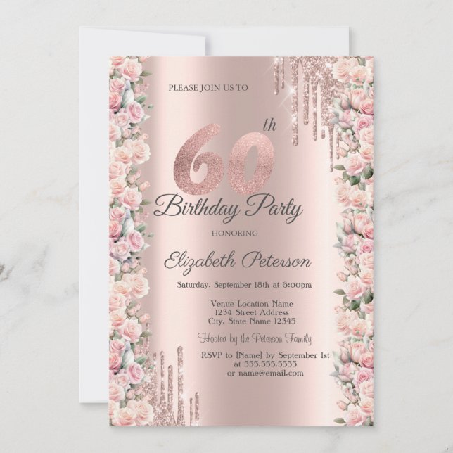 Roses Frame Drips Rose Gold 60th Birthday   Invitation (Front)