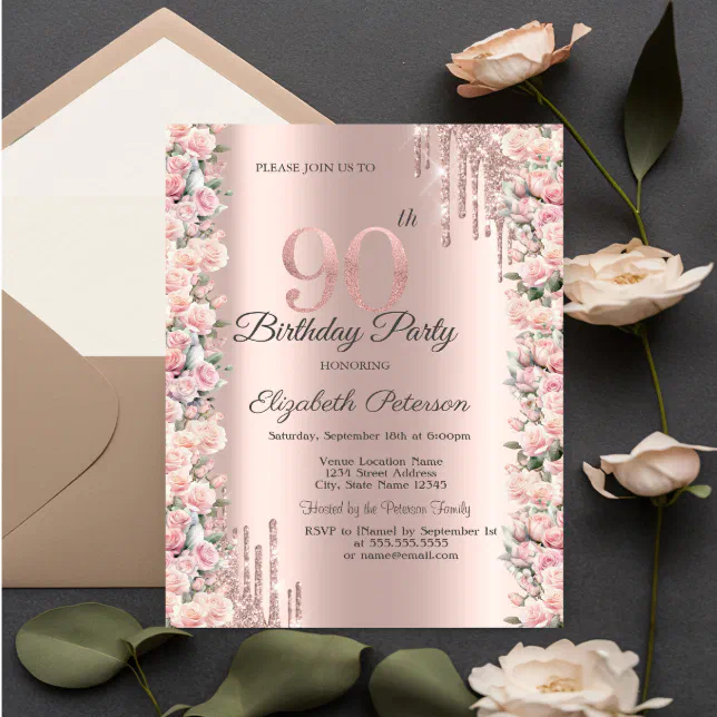 Roses Frame Drips Rose Gold 90th Birthday Invitation | Zazzle