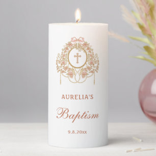 Roses Frame Holy Cross Baptism Pillar Candle