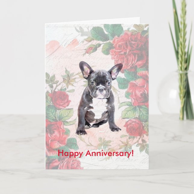 Roses French Bulldog Happy Anniversary Day Card (Front)