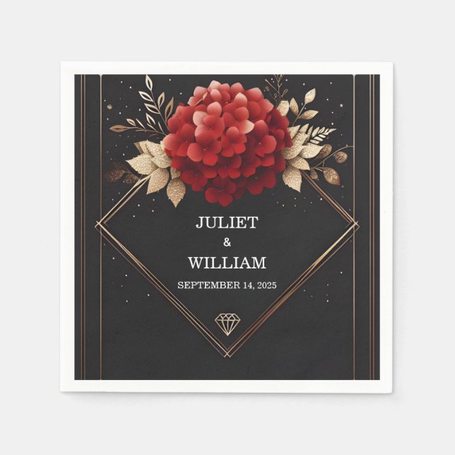 Roses Garden Diamond Red Black And Gold Wedding Napkins (Front)