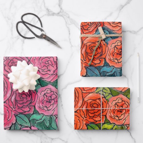 Roses Garden Flowers Floral Sketch Pink Red Green Wrapping Paper Sheets
