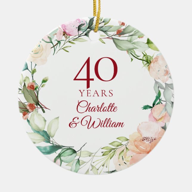 Roses Garland 40th Ruby Wedding Anniversary Ceramic Ornament (Front)