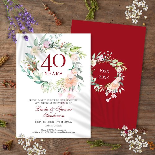 Roses Garland 40th Ruby Wedding Anniversary Save The Date