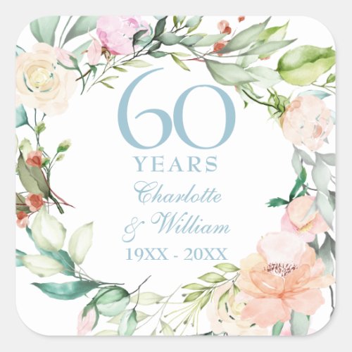 Roses Garland 60th 75th Wedding Anniversary Square Sticker