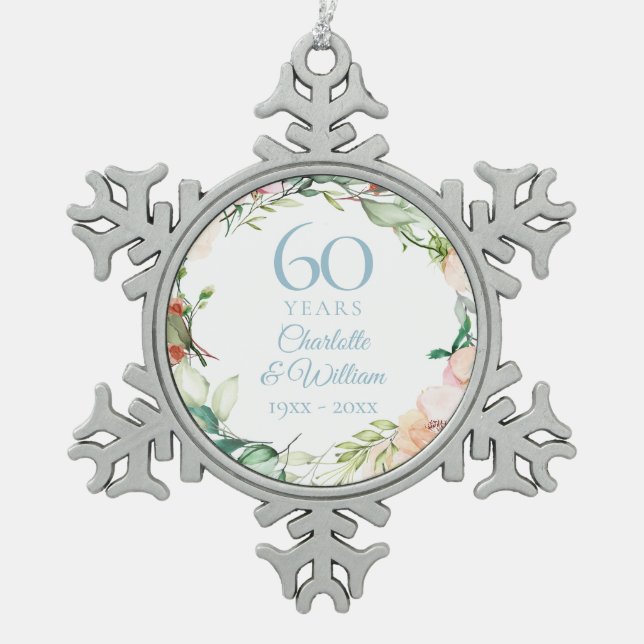 Roses Garland 60th Diamond Wedding Anniversary Snowflake Pewter Christmas Ornament (Front)