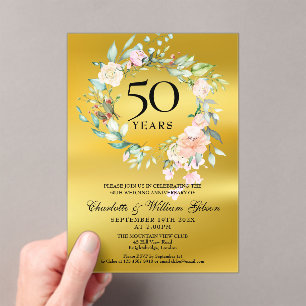 Roses Garland Gold Foil 50th Wedding Anniversary Acrylic Invitations