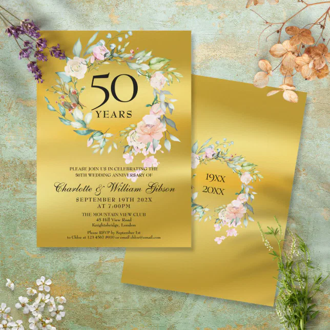 Roses Garland Gold Foil 50th Wedding Anniversary Invitation | Zazzle