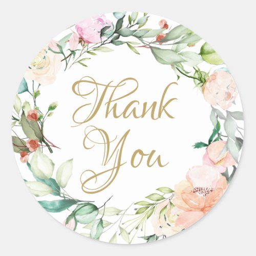 Roses Garland Gold Script Thank You Classic Round Sticker