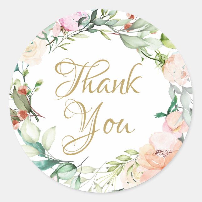 Roses Garland Gold Script Thank You Classic Round Sticker (Front)