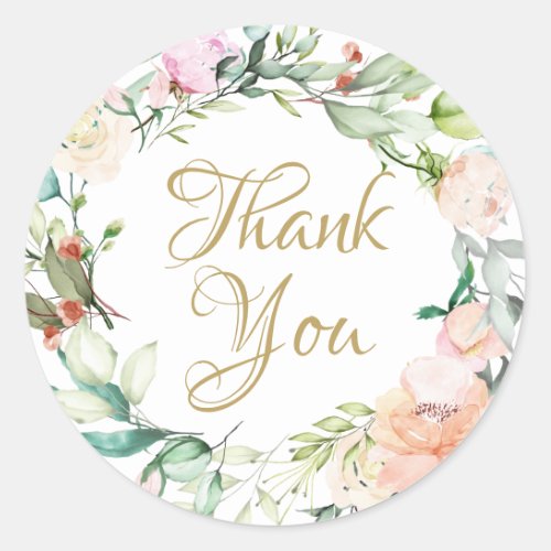 Roses Garland Gold Script Thank You Classic Round Sticker