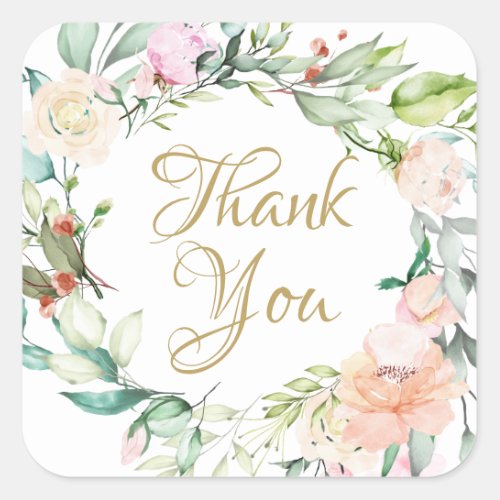 Roses Garland Gold Script Thank You Square Sticker