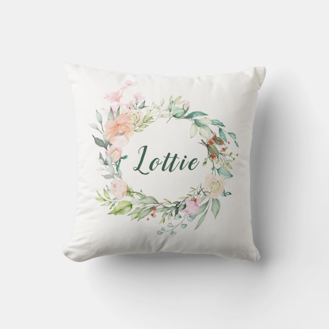 Roses Garland Script Name Throw Pillow (Front)