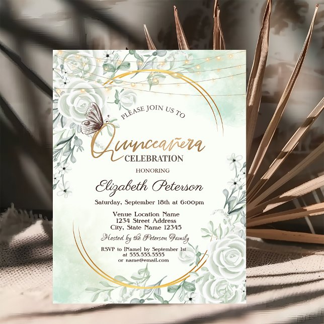 Roses Glitter Butterfly String Lights Green Invitation (Creator Uploaded)