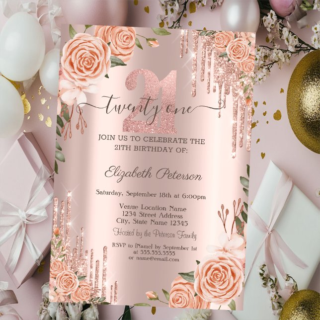  Roses Glitter Drips Rose Gold 21th Birthday   Invitation (Creator Uploaded)
