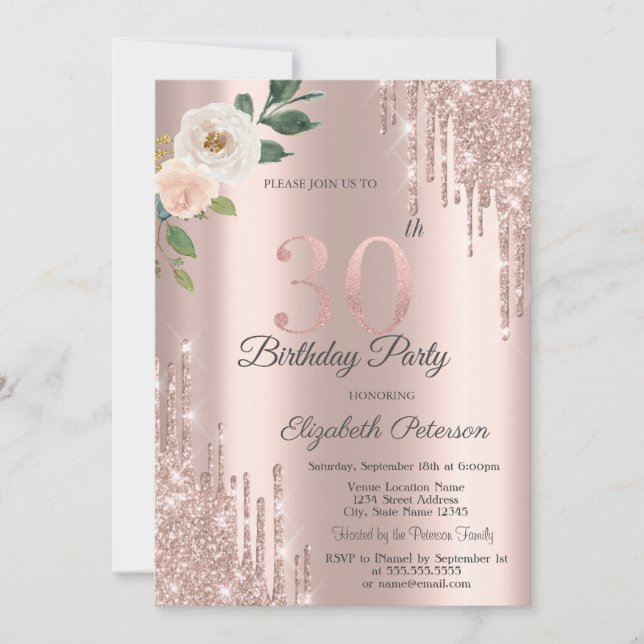 Roses Glitter Drips Rose Gold 30th Birthday   Invitation (Front)