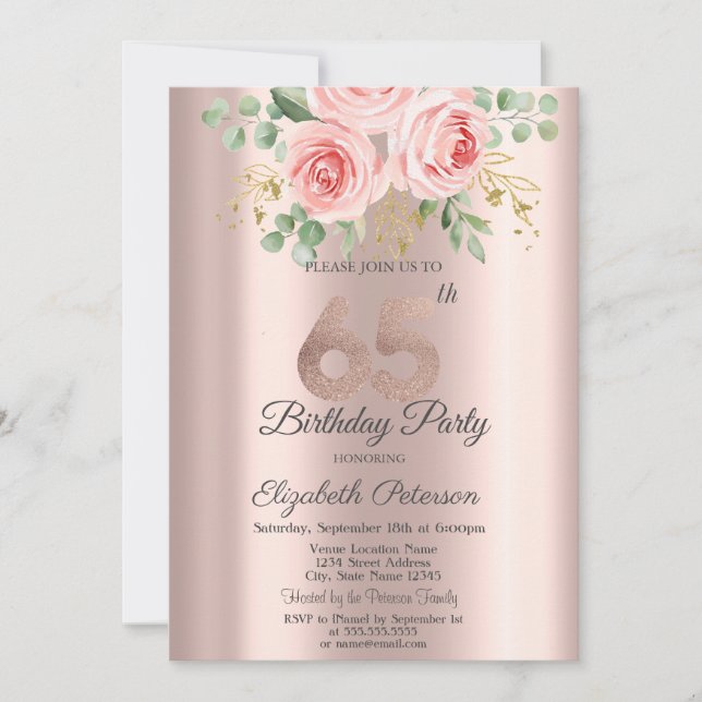 Roses Glitter Drips Rose Gold 65th Birthday  Invitation (Front)