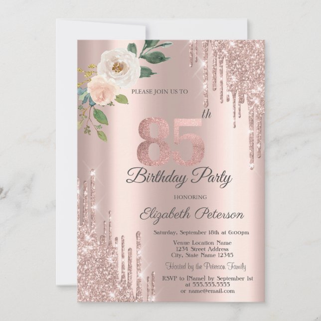 Roses Glitter Drips Rose Gold 85th Birthday   Invitation (Front)