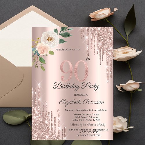 Roses Glitter Drips Rose Gold 90th Birthday   Invitation