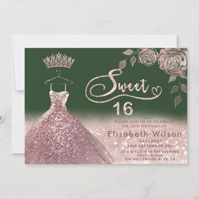 Roses glitter sequins rose gold dress green invitation (Front)