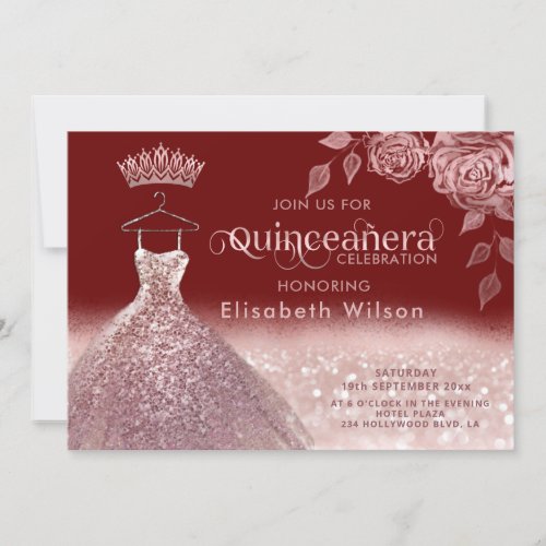 Roses glitter sequins rose gold dress Quinceaera  Invitation