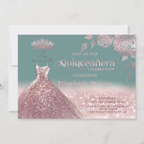 Roses glitter sequins rose gold dress Quinceaera  Invitation