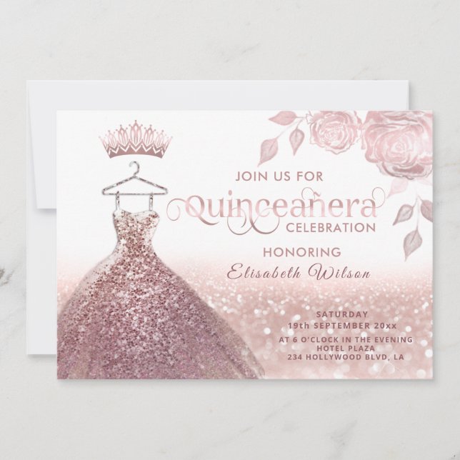 Roses glitter sequins rose gold dress Quinceañera  Invitation (Front)