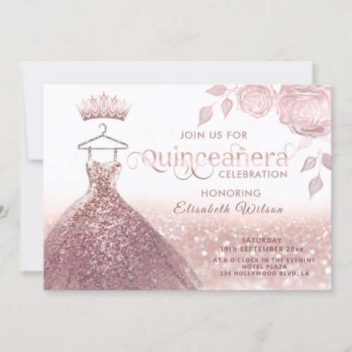 Roses glitter sequins rose gold dress Quinceaera  Invitation