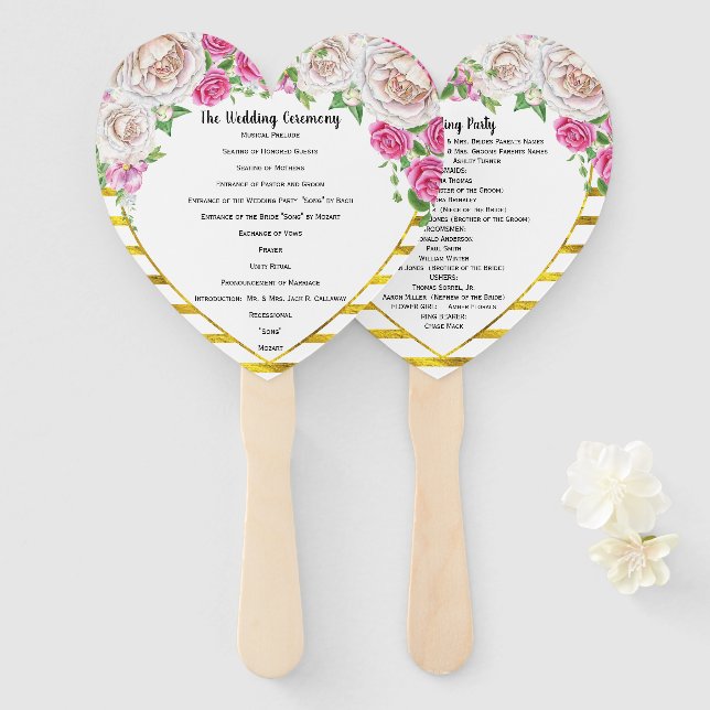 Roses Gold Blush and Deep Pink Heart Shape Program Hand Fan (Front and Back)